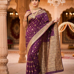 Purple Banarasi Silk Saree with Golden Zari Woven Border & Rich Pallu for Women