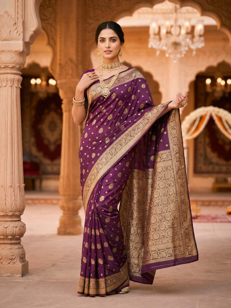 Purple Banarasi Silk Saree with Golden Zari Woven Border & Rich Pallu for Women