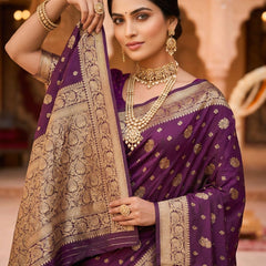 Purple Banarasi Silk Saree with Golden Zari Woven Border & Rich Pallu for Women