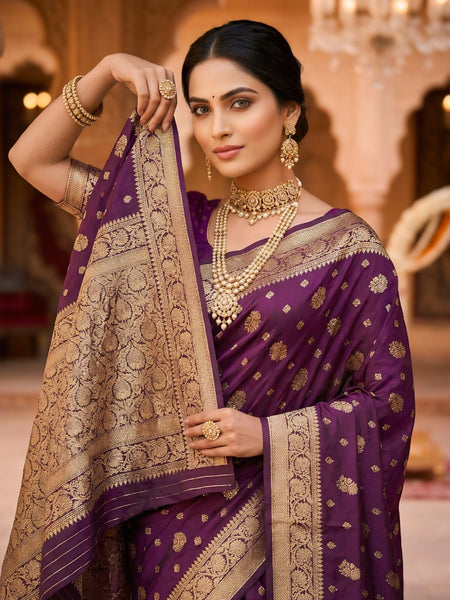 Purple Banarasi Silk Saree with Golden Zari Woven Border & Rich Pallu for Women