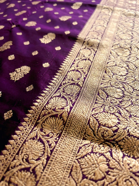 Purple Banarasi Silk Saree with Golden Zari Woven Border & Rich Pallu for Women