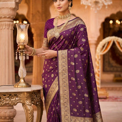 Purple Banarasi Silk Saree with Golden Zari Woven Border & Rich Pallu for Women