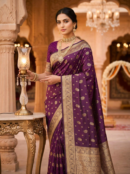Purple Banarasi Silk Saree with Golden Zari Woven Border & Rich Pallu for Women