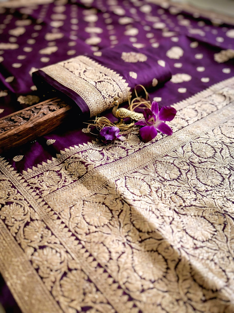 Purple Banarasi Silk Saree with Golden Zari Woven Border & Rich Pallu for Women