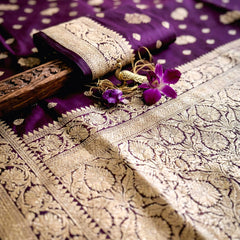 Purple Banarasi Silk Saree with Golden Zari Woven Border & Rich Pallu for Women