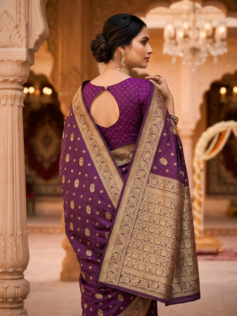 Purple Banarasi Silk Saree with Golden Zari Woven Border & Rich Pallu for Women