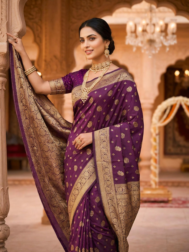 Purple Banarasi Silk Saree with Golden Zari Woven Border & Rich Pallu for Women