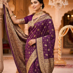 Purple Banarasi Silk Saree with Golden Zari Woven Border & Rich Pallu for Women