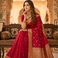 Rani Pink Banarasi Silk Saree with Golden Zari Woven Border & Rich Pallu for Women