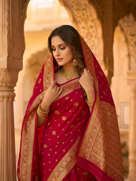 Rani Pink Banarasi Silk Saree with Golden Zari Woven Border & Rich Pallu for Women