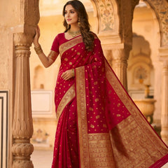Rani Pink Banarasi Silk Saree with Golden Zari Woven Border & Rich Pallu for Women