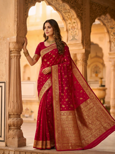 Rani Pink Banarasi Silk Saree with Golden Zari Woven Border & Rich Pallu for Women
