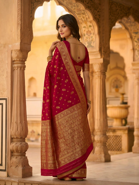 Rani Pink Banarasi Silk Saree with Golden Zari Woven Border & Rich Pallu for Women