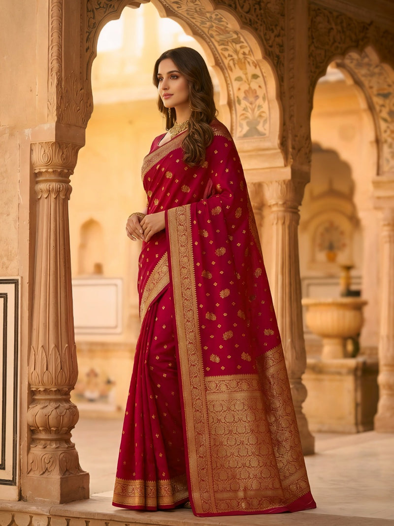 Rani Pink Banarasi Silk Saree with Golden Zari Woven Border & Rich Pallu for Women