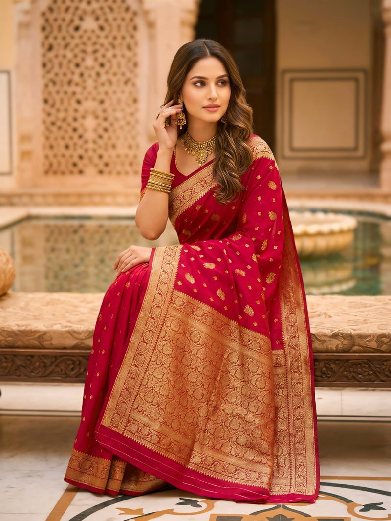 Rani Pink Banarasi Silk Saree with Golden Zari Woven Border & Rich Pallu for Women