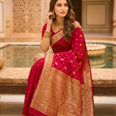 Rani Pink Banarasi Silk Saree with Golden Zari Woven Border & Rich Pallu for Women