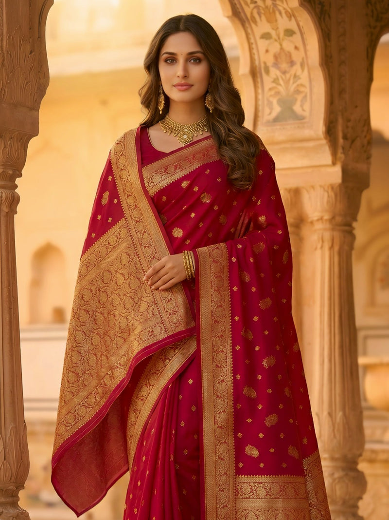 Rani Pink Banarasi Silk Saree with Golden Zari Woven Border & Rich Pallu for Women
