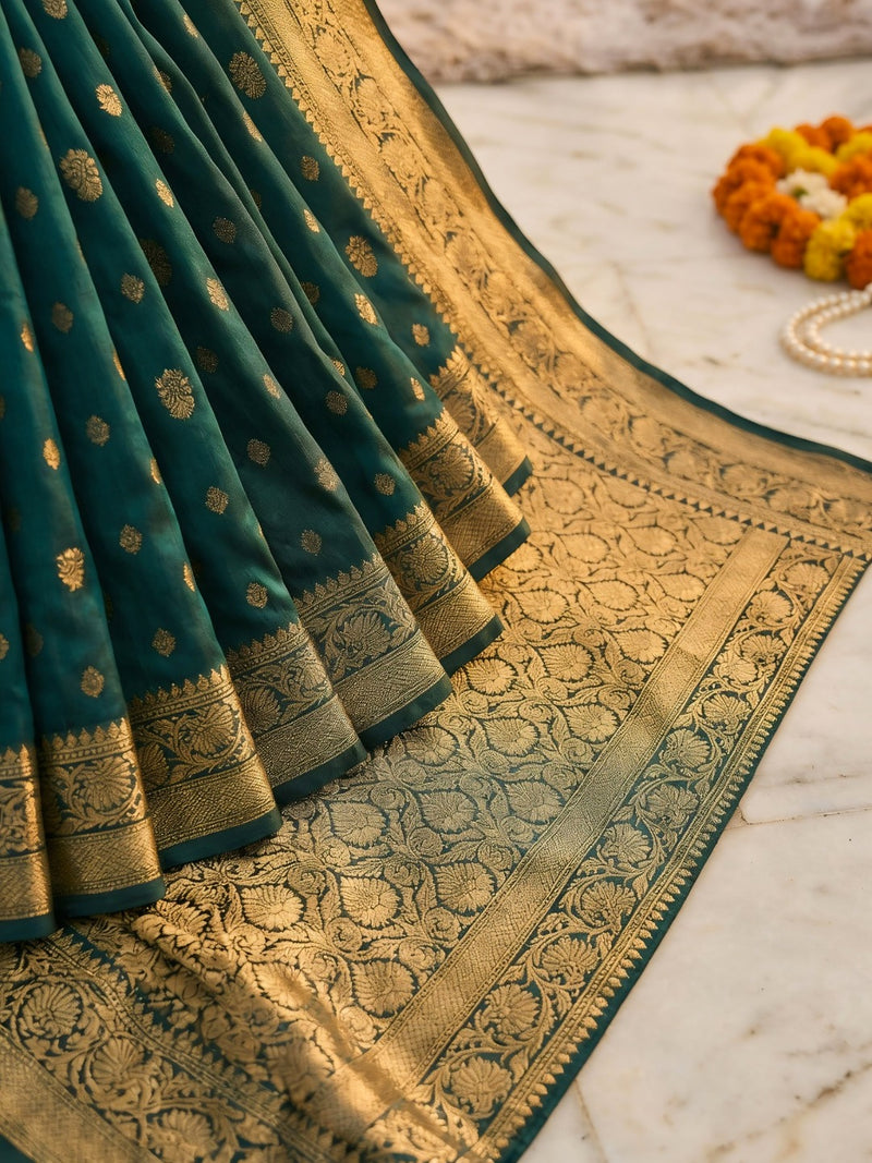 Teal Green Banarasi Silk Saree with Golden Zari Woven Border & Pallu for Women
