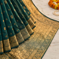 Teal Green Banarasi Silk Saree with Golden Zari Woven Border & Pallu for Women