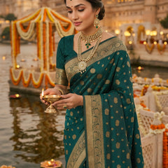 Teal Green Banarasi Silk Saree with Golden Zari Woven Border & Pallu for Women