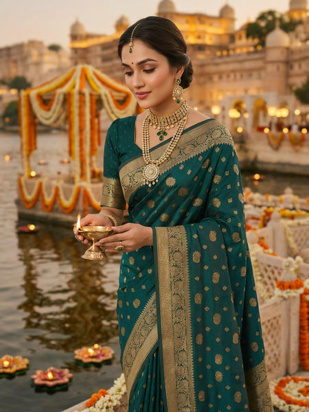 Teal Green Banarasi Silk Saree with Golden Zari Woven Border & Pallu for Women