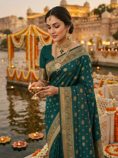 Teal Green Banarasi Silk Saree with Golden Zari Woven Border & Pallu for Women