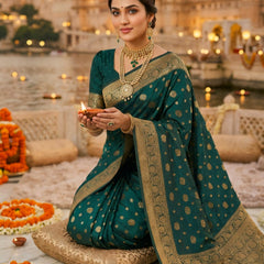 Teal Green Banarasi Silk Saree with Golden Zari Woven Border & Pallu for Women