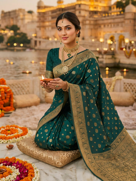 Teal Green Banarasi Silk Saree with Golden Zari Woven Border & Pallu for Women