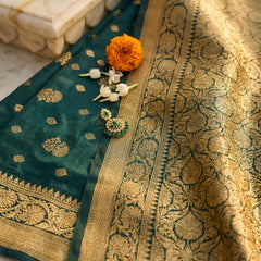 Teal Green Banarasi Silk Saree with Golden Zari Woven Border & Pallu for Women