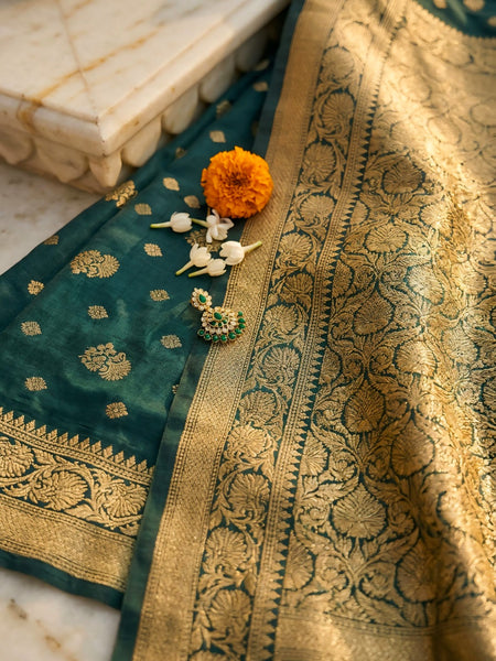 Teal Green Banarasi Silk Saree with Golden Zari Woven Border & Pallu for Women
