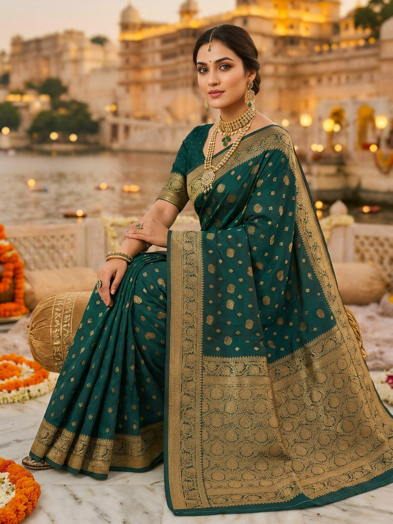 Teal Green Banarasi Silk Saree with Golden Zari Woven Border & Pallu for Women