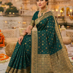 Teal Green Banarasi Silk Saree with Golden Zari Woven Border & Pallu for Women