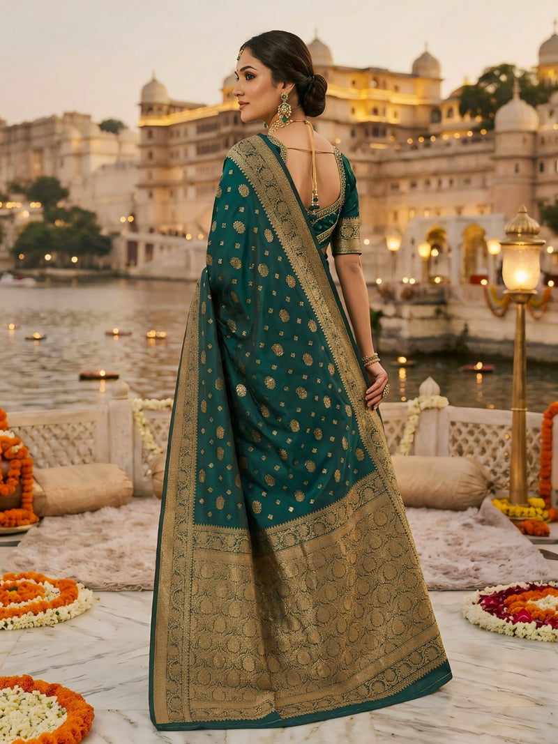 Teal Green Banarasi Silk Saree with Golden Zari Woven Border & Pallu for Women