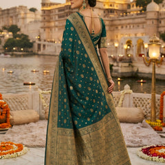 Teal Green Banarasi Silk Saree with Golden Zari Woven Border & Pallu for Women