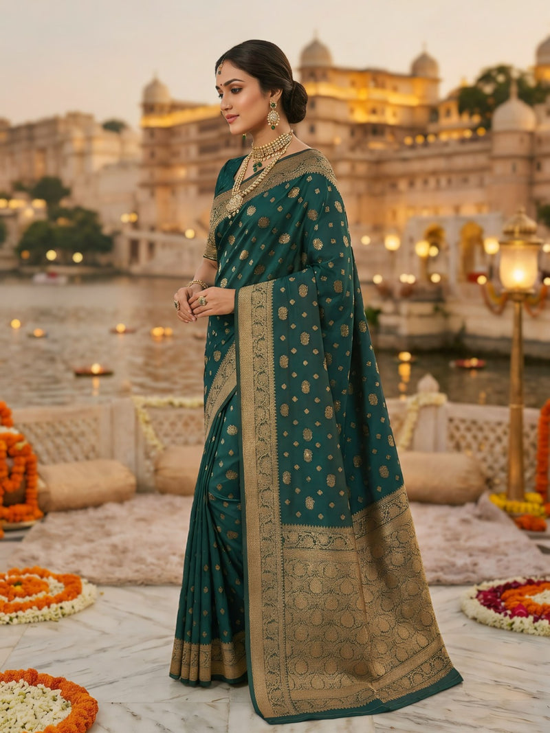 Teal Green Banarasi Silk Saree with Golden Zari Woven Border & Pallu for Women