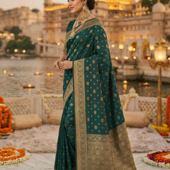 Teal Green Banarasi Silk Saree with Golden Zari Woven Border & Pallu for Women
