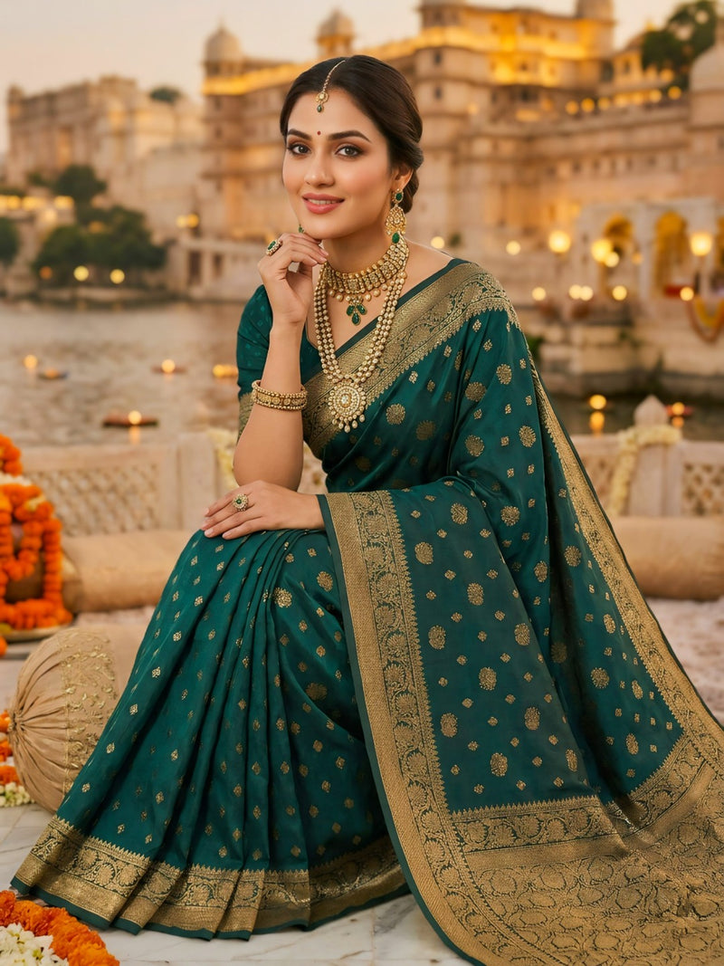 Teal Green Banarasi Silk Saree with Golden Zari Woven Border & Pallu for Women