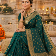 Teal Green Banarasi Silk Saree with Golden Zari Woven Border & Pallu for Women