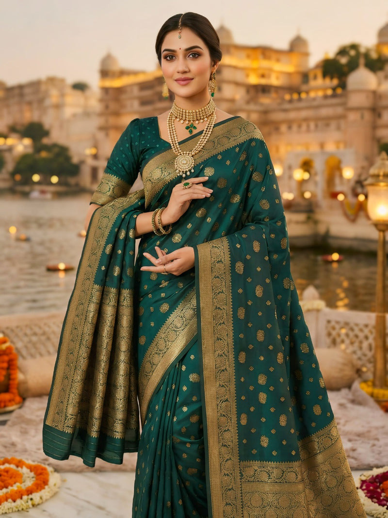 Teal Green Banarasi Silk Saree with Golden Zari Woven Border & Pallu for Women