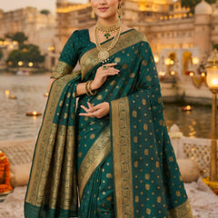 Teal Green Banarasi Silk Saree with Golden Zari Woven Border & Pallu for Women