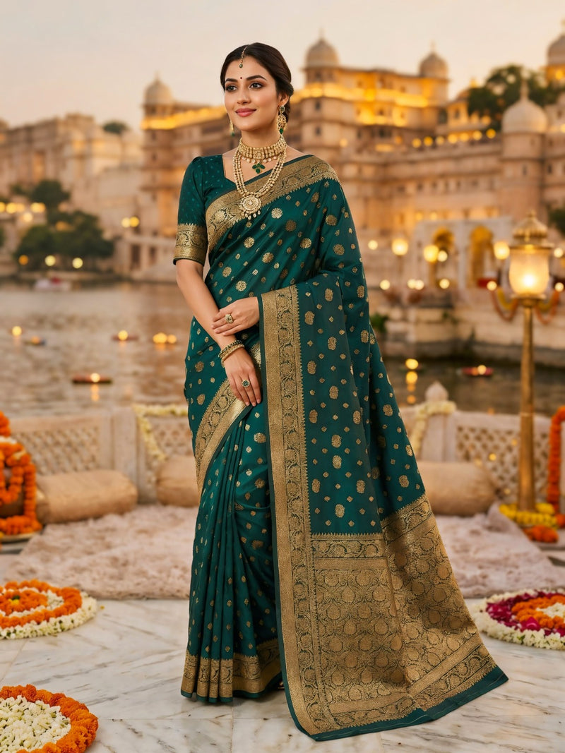 Teal Green Banarasi Silk Saree with Golden Zari Woven Border & Pallu for Women