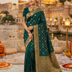 Teal Green Banarasi Silk Saree with Golden Zari Woven Border & Pallu for Women