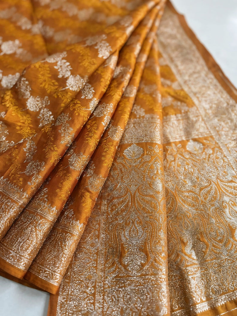 Mustard Yellow Banarasi Silk Saree with Intricate Zari Woven Border & Rich Pallu for Women