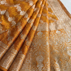 Mustard Yellow Banarasi Silk Saree with Intricate Zari Woven Border & Rich Pallu for Women