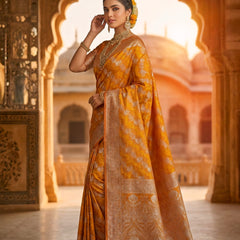 Mustard Yellow Banarasi Silk Saree with Intricate Zari Woven Border & Rich Pallu for Women