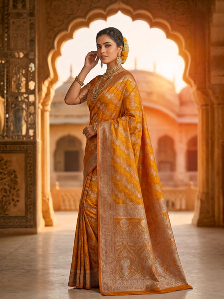 Mustard Yellow Banarasi Silk Saree with Intricate Zari Woven Border & Rich Pallu for Women