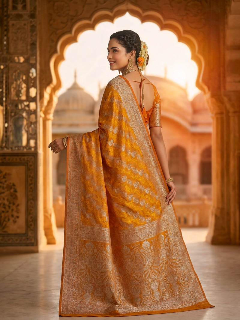 Mustard Yellow Banarasi Silk Saree with Intricate Zari Woven Border & Rich Pallu for Women