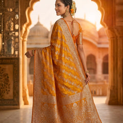 Mustard Yellow Banarasi Silk Saree with Intricate Zari Woven Border & Rich Pallu for Women