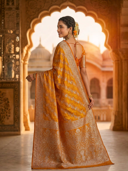 Mustard Yellow Banarasi Silk Saree with Intricate Zari Woven Border & Rich Pallu for Women