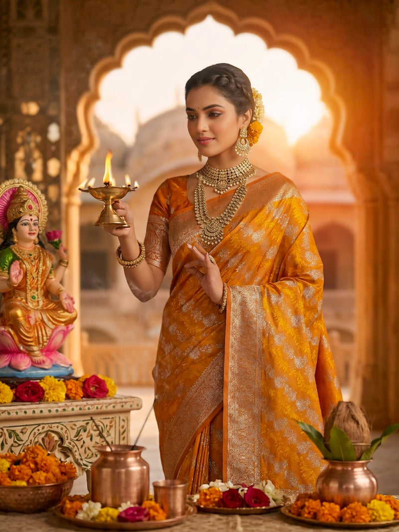 Mustard Yellow Banarasi Silk Saree with Intricate Zari Woven Border & Rich Pallu for Women